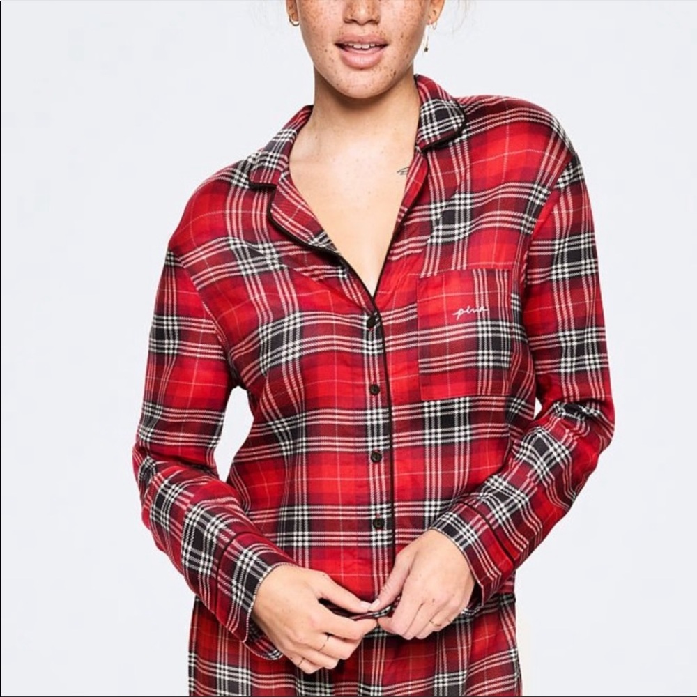 Victoria's Secret PINK Red Plaid Flannel Pajama Top Size Large‎ New